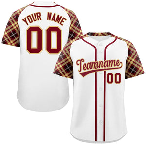 Custom White Crimson-Khaki Personalized Raglan Sleeves Authentic Baseball Jersey