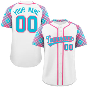 Custom White Powder Blue-Pink Personalized Raglan Sleeves Authentic Baseball Jersey