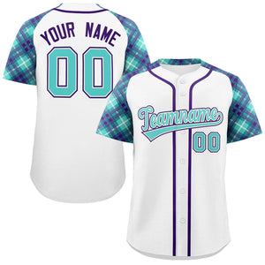 Custom White Bright Green-Purple Personalized Raglan Sleeves Authentic Baseball Jersey