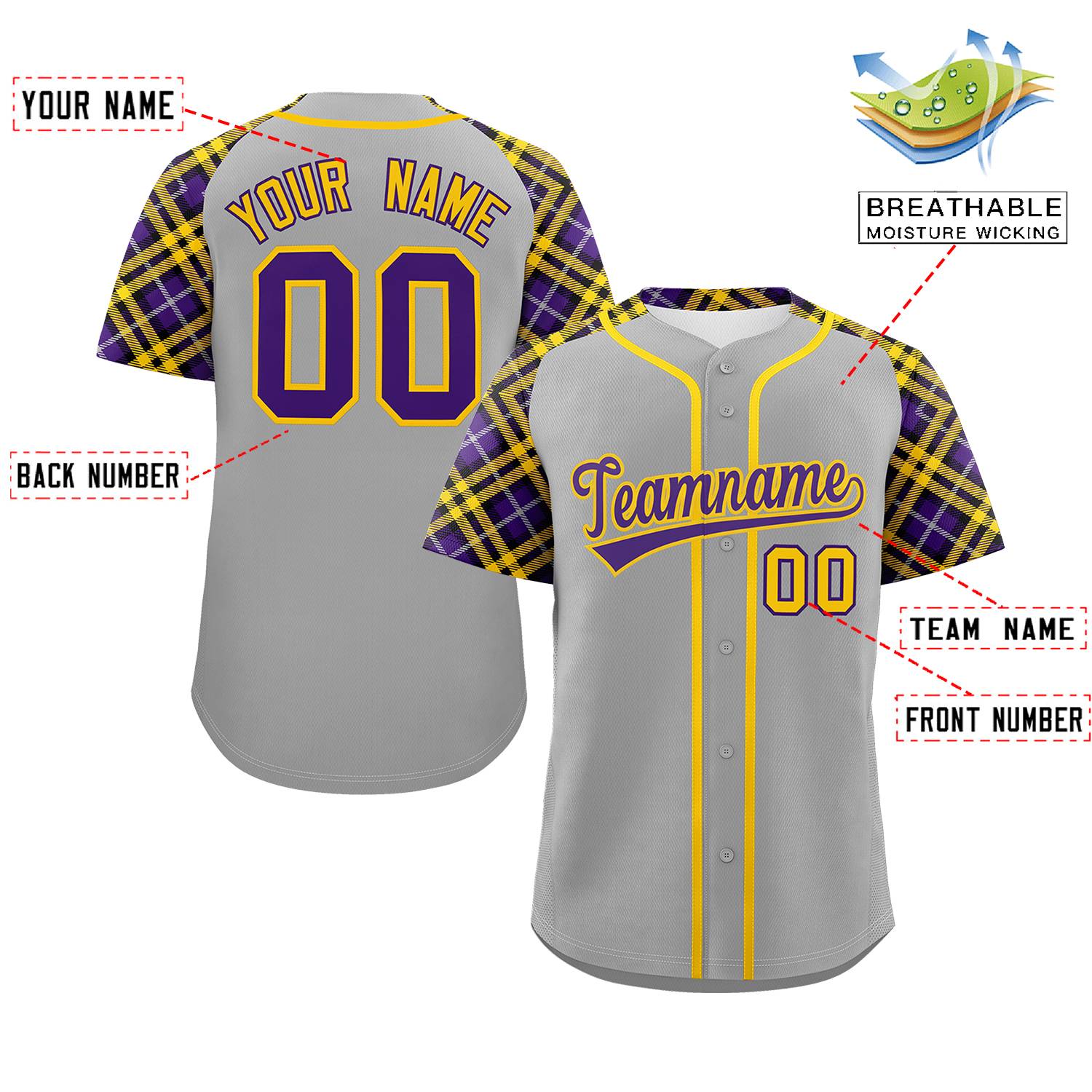 Custom Gray Purple-Gold Personalized Raglan Sleeves Authentic Baseball Jersey