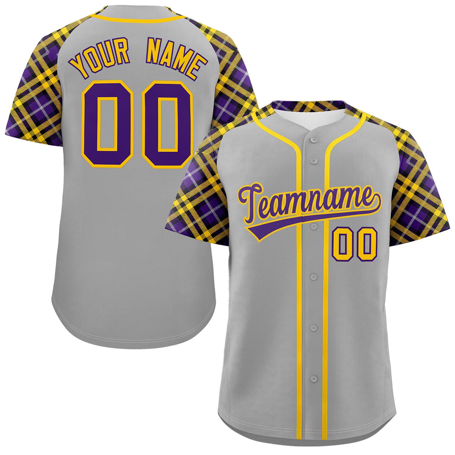 Custom Gray Purple-Gold Personalized Raglan Sleeves Authentic Baseball Jersey