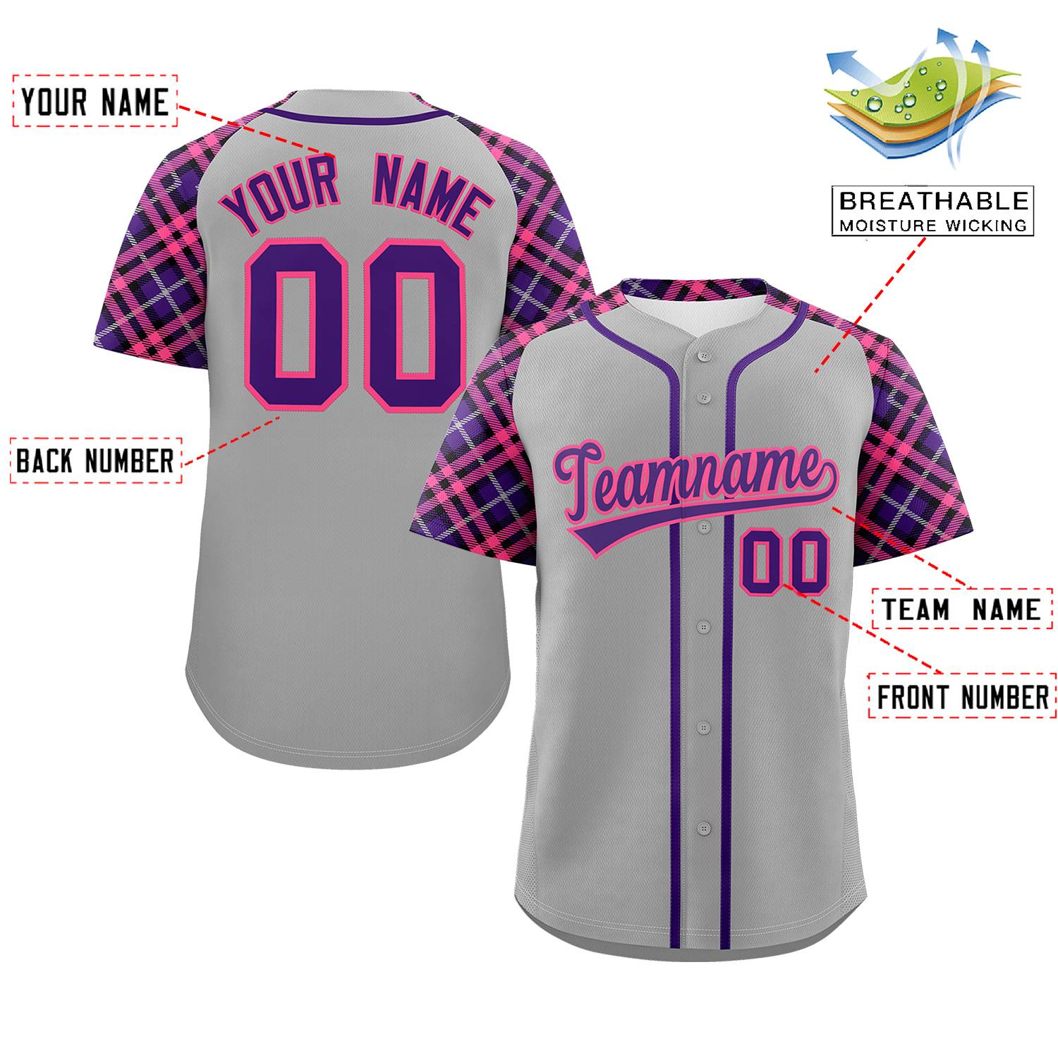 Custom Gray Purple-Pink Personalized Raglan Sleeves Authentic Baseball Jersey