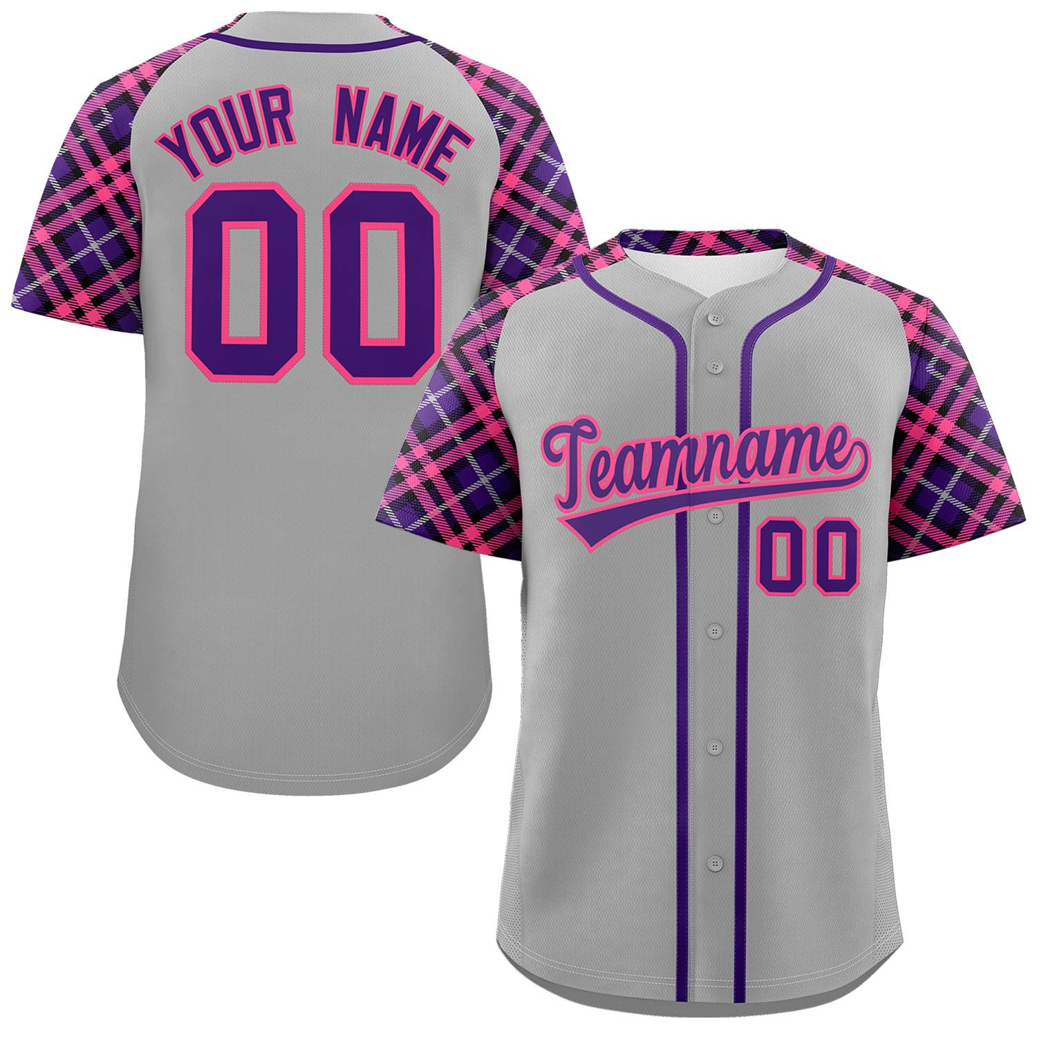 Custom Gray Purple-Pink Personalized Raglan Sleeves Authentic Baseball Jersey