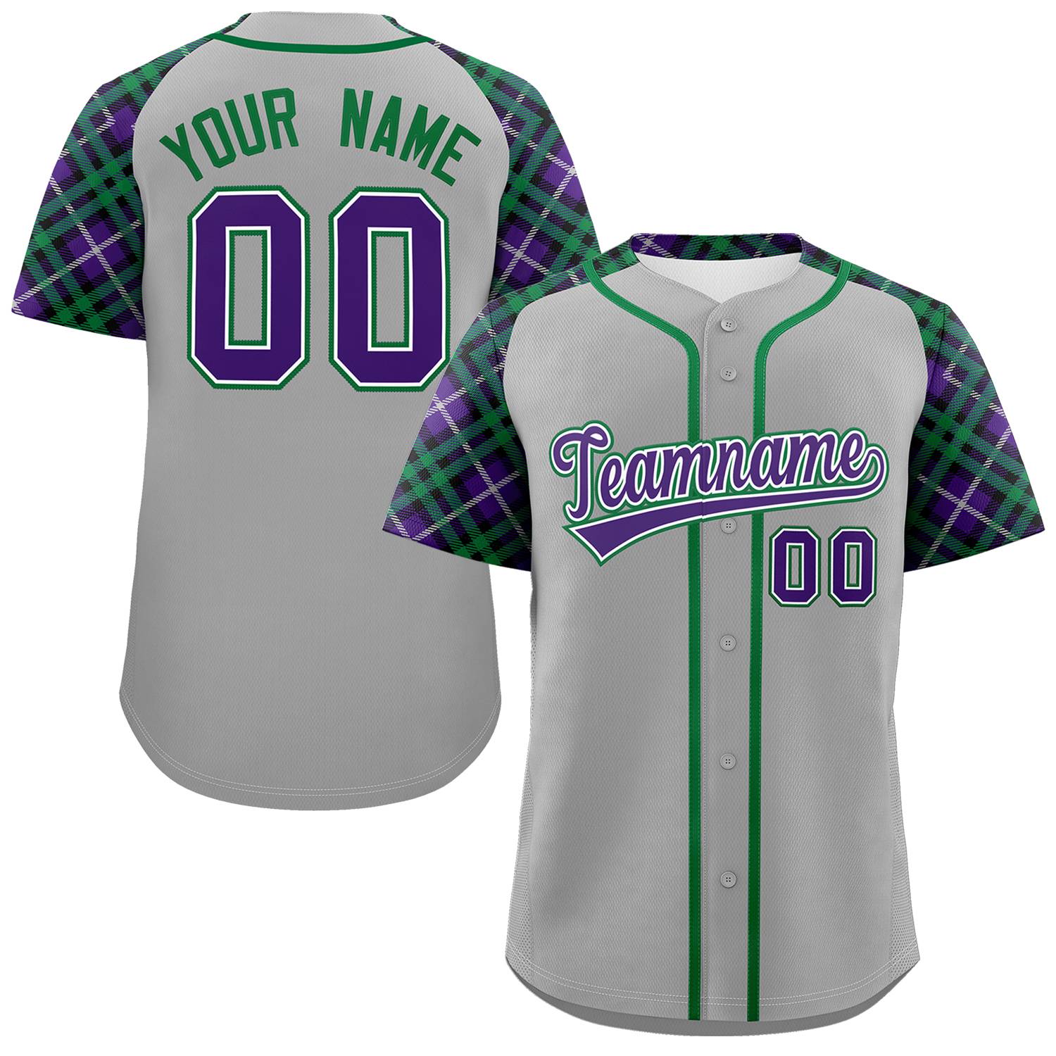 Custom Gray Purple-Kelly Green Personalized Raglan Sleeves Authentic Baseball Jersey