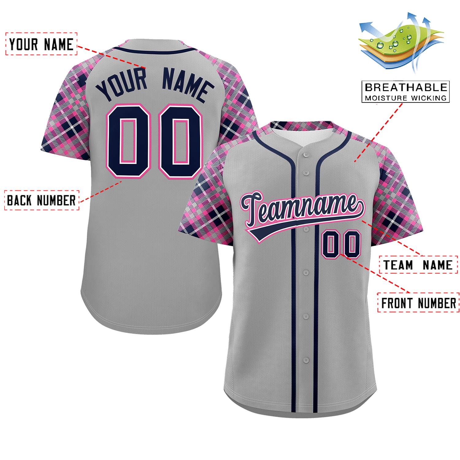 Custom Gray Navy-Pink Personalized Raglan Sleeves Authentic Baseball Jersey