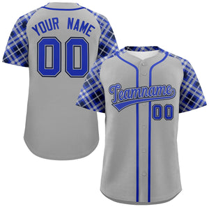 Custom Gray Royal-Navy Personalized Raglan Sleeves Authentic Baseball Jersey