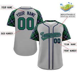 Custom Gray Kelly Green-Navy Personalized Raglan Sleeves Authentic Baseball Jersey