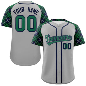 Custom Gray Kelly Green-Navy Personalized Raglan Sleeves Authentic Baseball Jersey