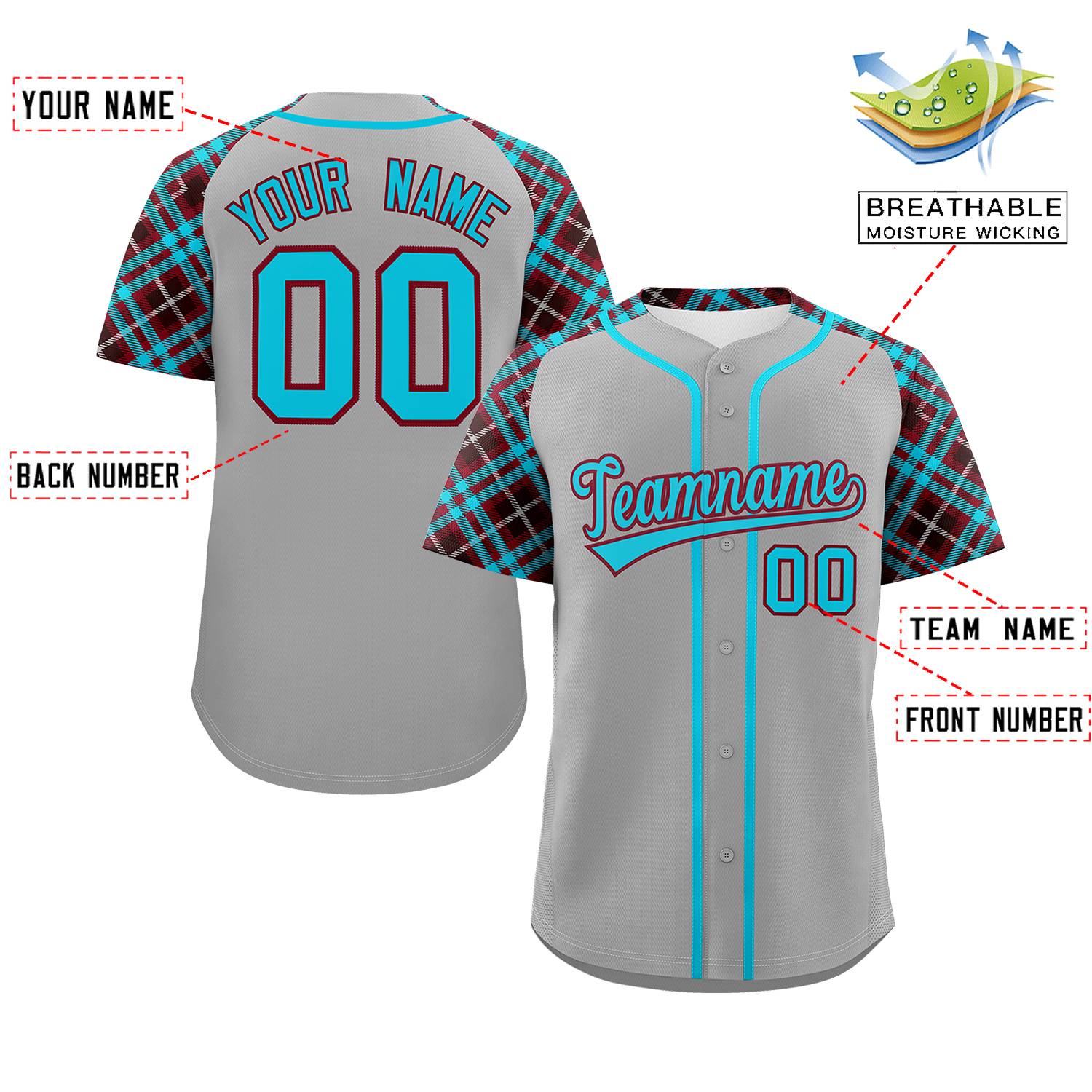 Custom Gray Sky Blue-Crimson Personalized Raglan Sleeves Authentic Baseball Jersey