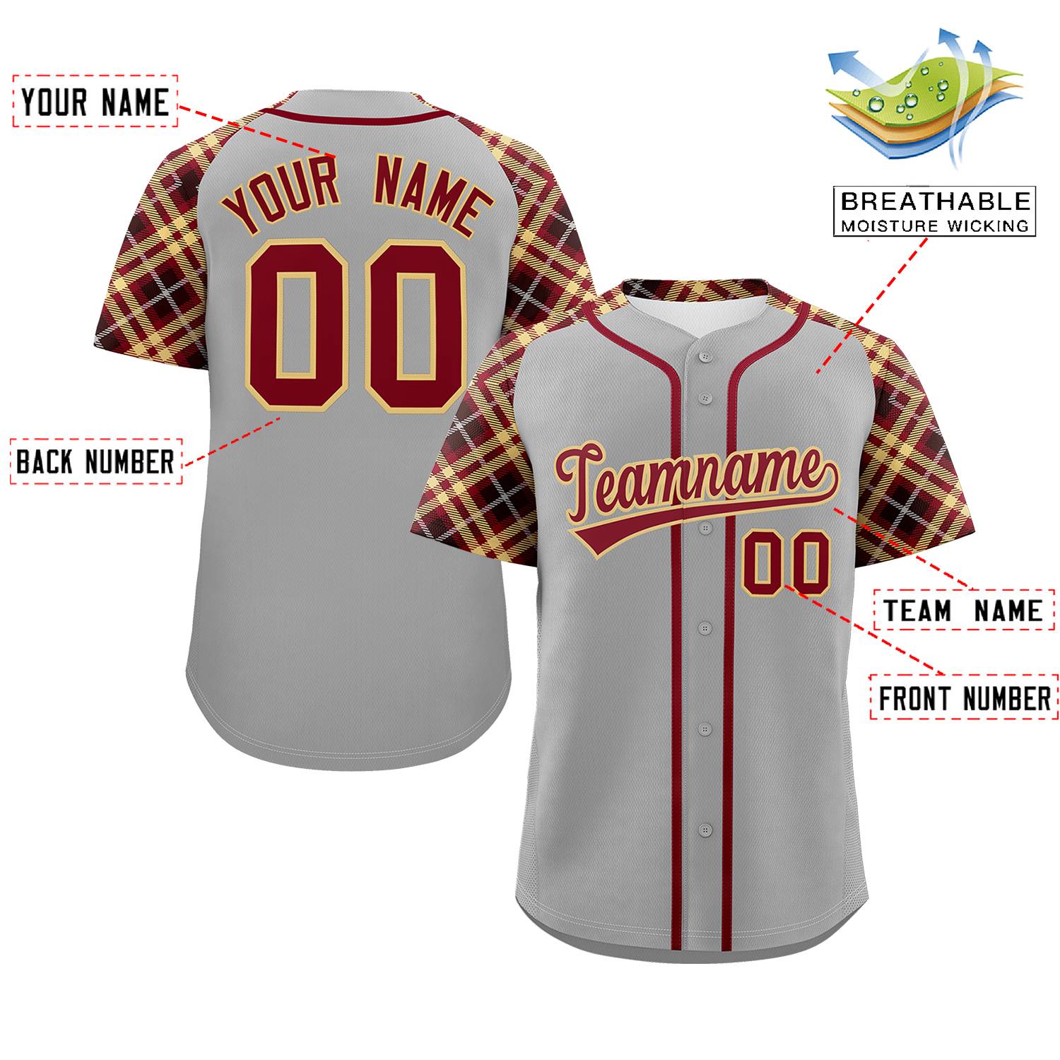 Custom Gray Red-Khaki Personalized Raglan Sleeves Authentic Baseball Jersey