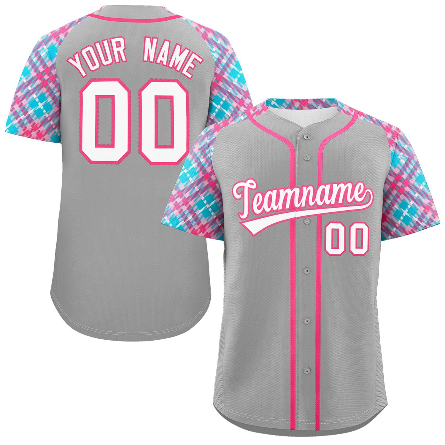 Custom Gray White-Pink Personalized Raglan Sleeves Authentic Baseball Jersey