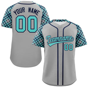 Custom Gray Bright Green-Navy Personalized Raglan Sleeves Authentic Baseball Jersey