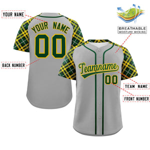 Custom Gray Green-Gold Personalized Raglan Sleeves Authentic Baseball Jersey