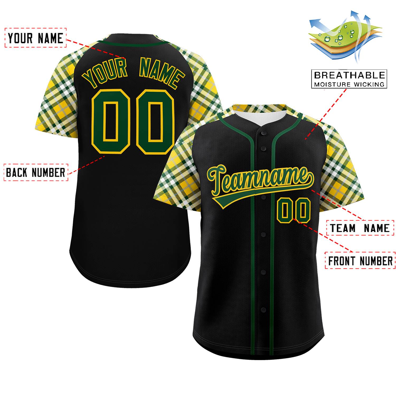 Custom Black Green-Gold Personalized Raglan Sleeves Authentic Baseball Jersey