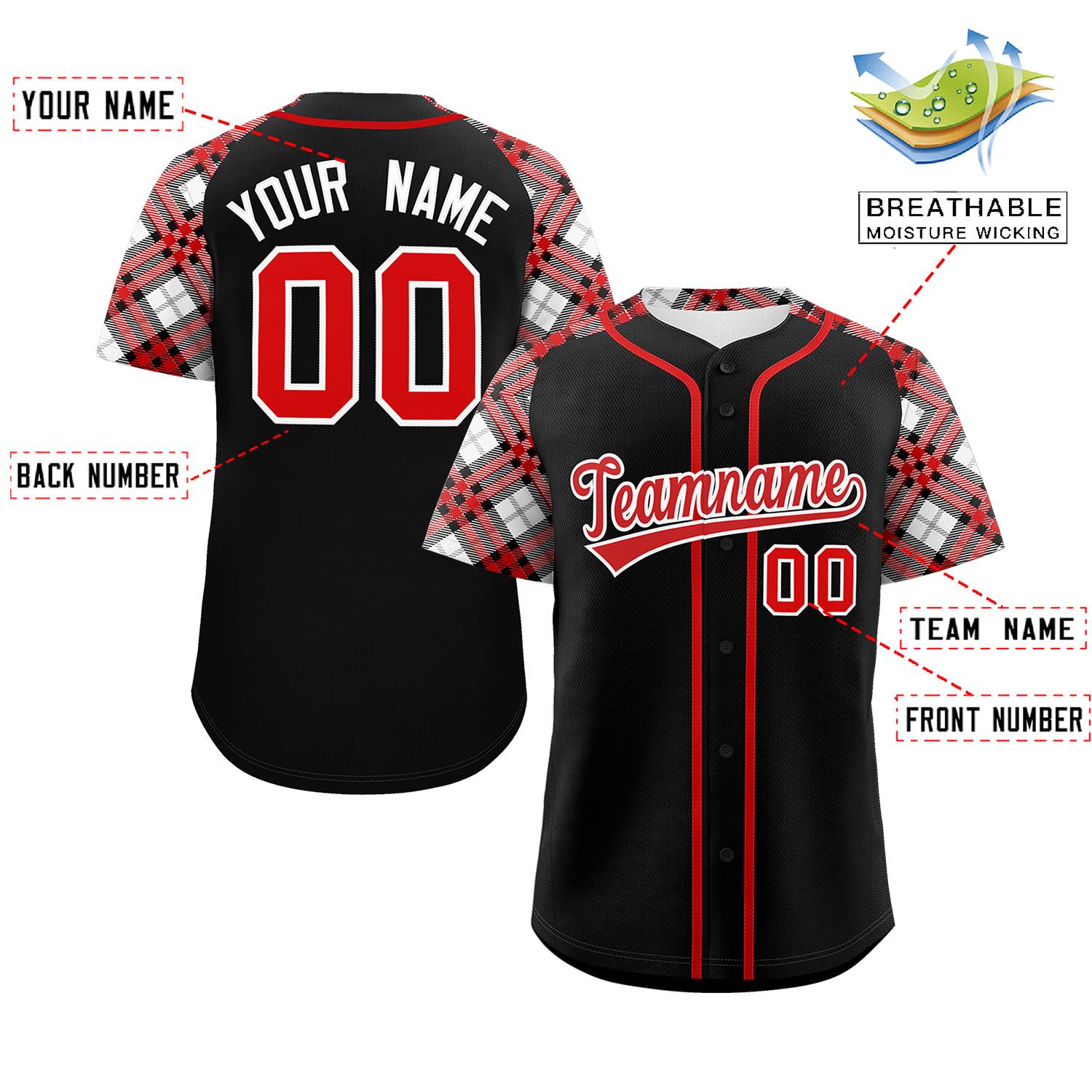 Custom Black Red-White Personalized Raglan Sleeves Authentic Baseball Jersey