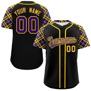 Custom Black Purple-Gold Personalized Raglan Sleeves Authentic Baseball Jersey