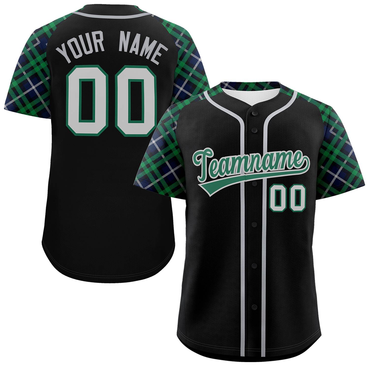 Custom Black Kelly Green-Gray Personalized Raglan Sleeves Authentic Baseball Jersey