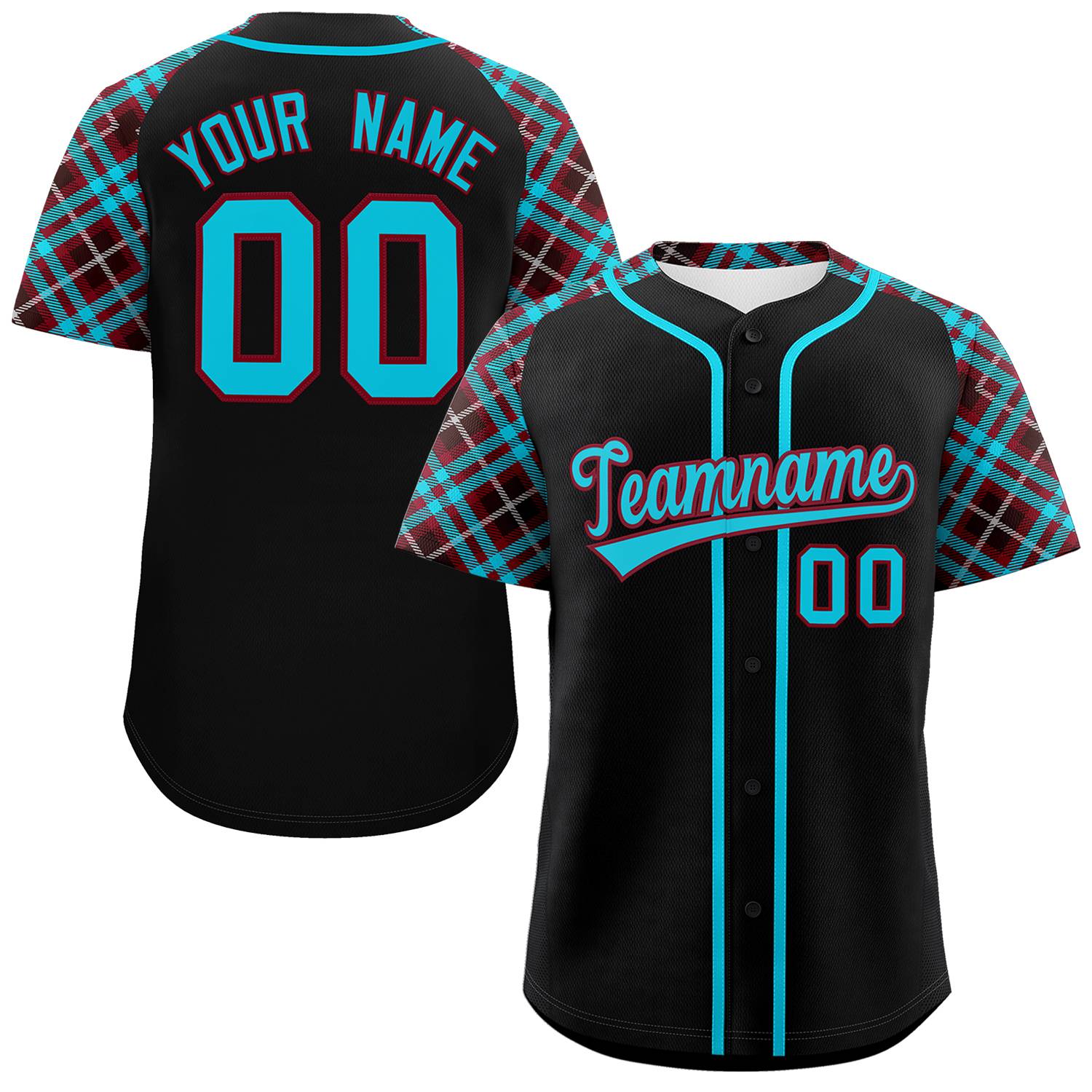 Custom Black Sky Blue-Crimson Personalized Raglan Sleeves Authentic Baseball Jersey