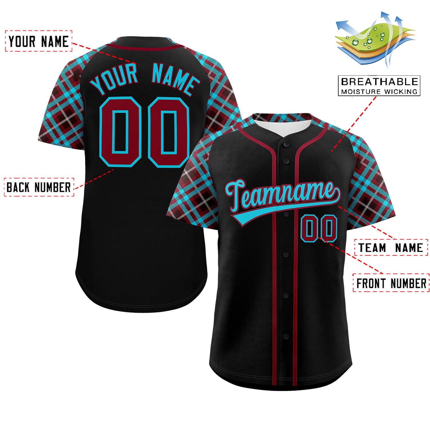 Custom Black Sky Blue-Crimson Personalized Raglan Sleeves Authentic Baseball Jersey