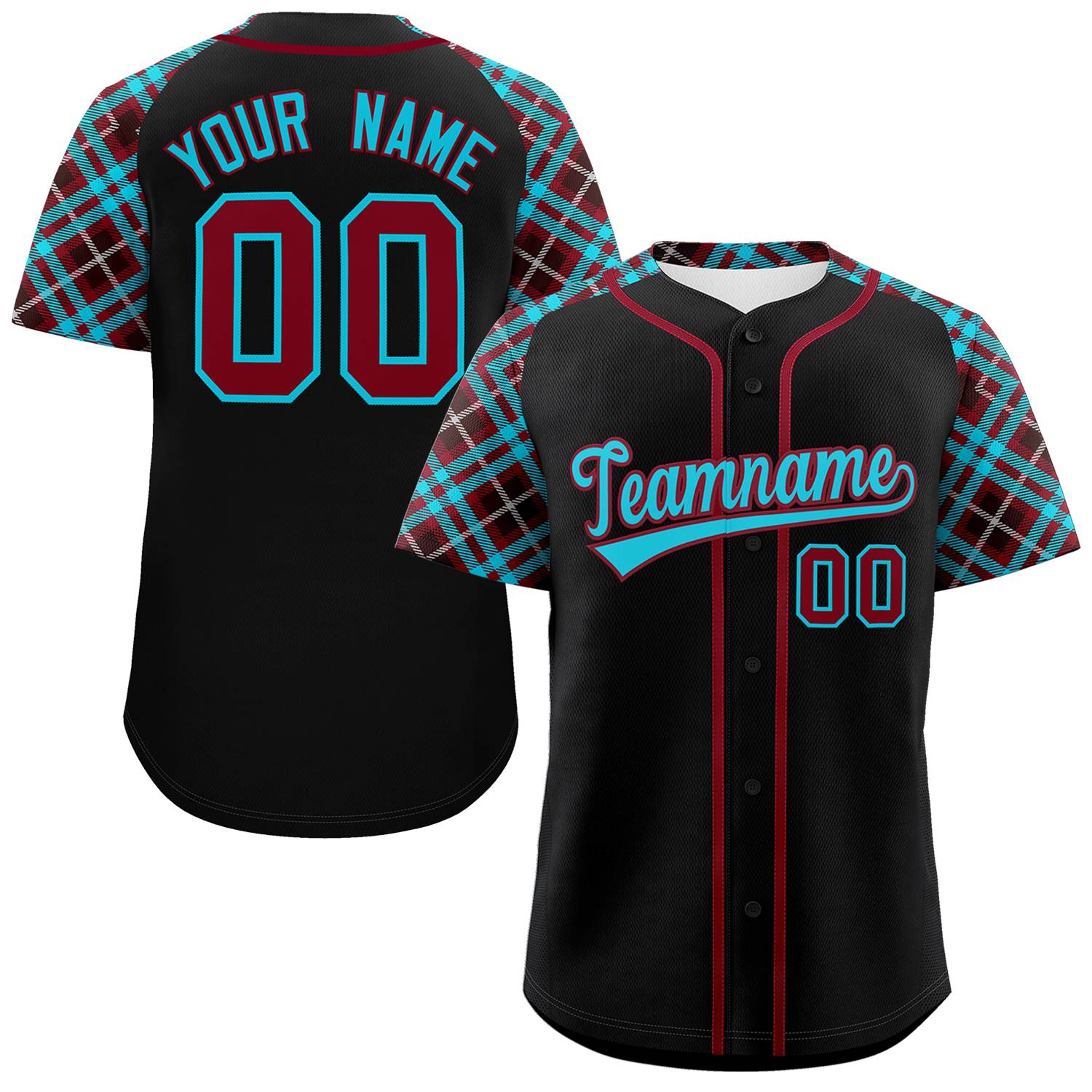 Custom Black Sky Blue-Crimson Personalized Raglan Sleeves Authentic Baseball Jersey