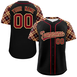 Custom Black Crimson-Old Gold Personalized Raglan Sleeves Authentic Baseball Jersey