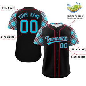 Custom Black Sky Blue-Crimson Personalized Raglan Sleeves Authentic Baseball Jersey