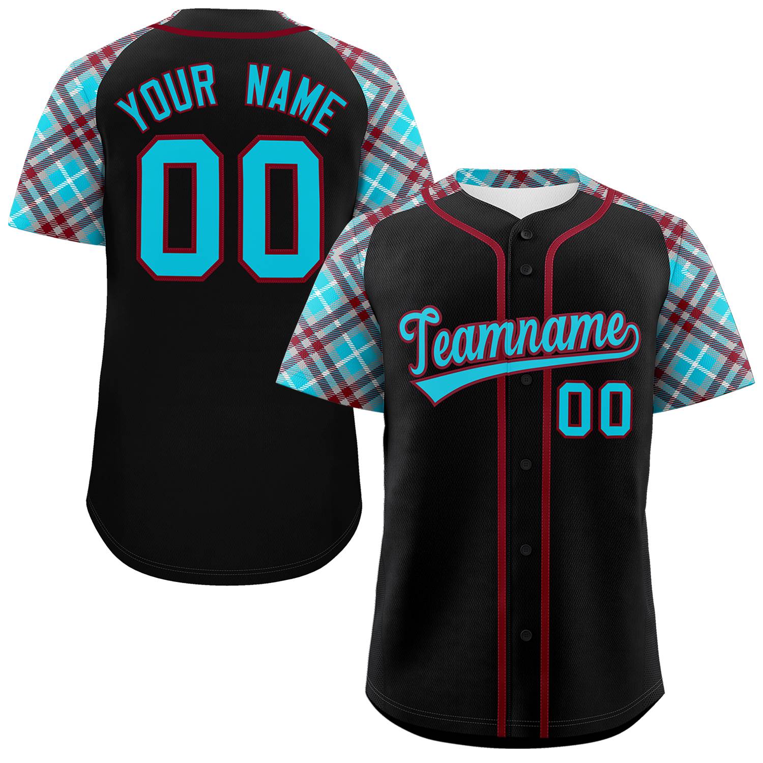 Custom Black Sky Blue-Crimson Personalized Raglan Sleeves Authentic Baseball Jersey