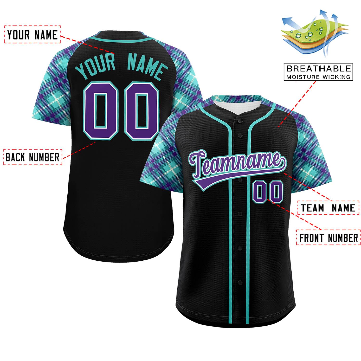 Custom Black Purple-Bright Green Personalized Raglan Sleeves Authentic Baseball Jersey