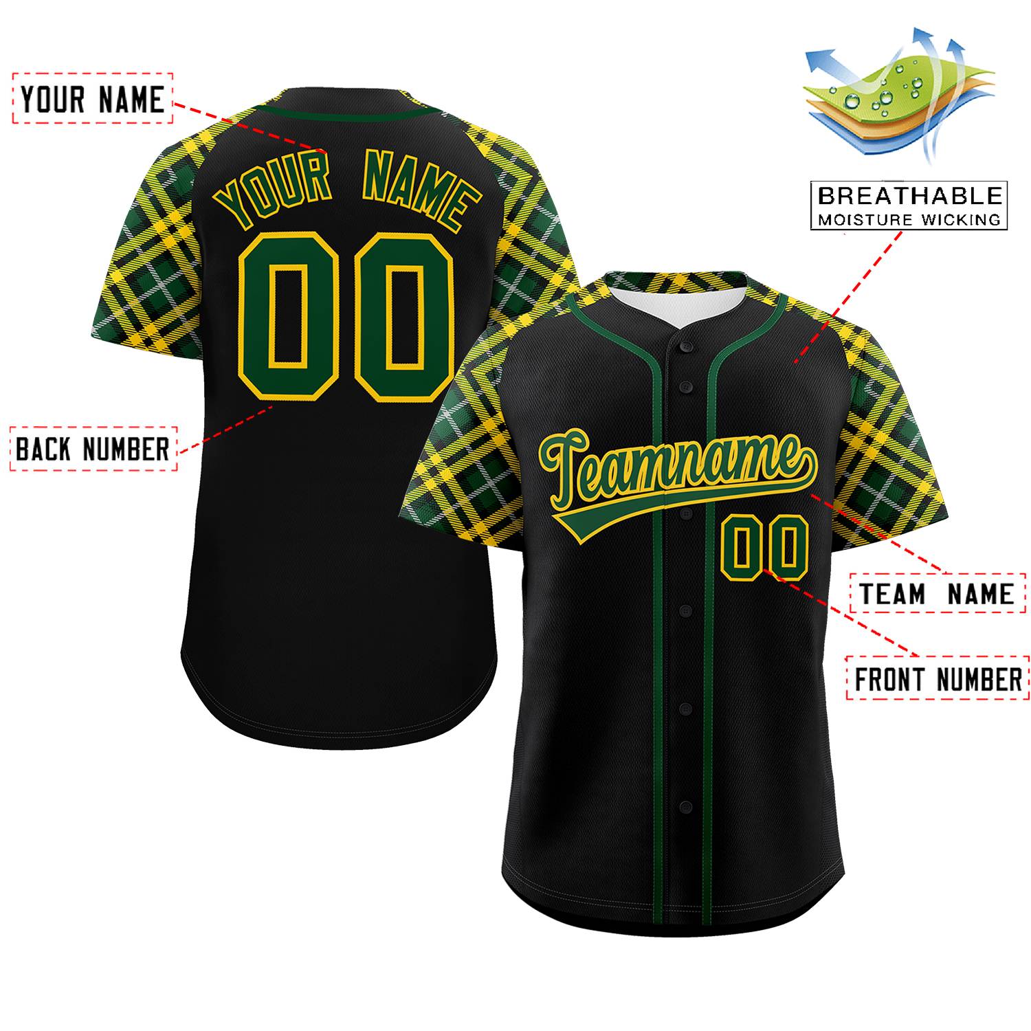 Custom Black Green-Gold Personalized Raglan Sleeves Authentic Baseball Jersey