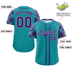 Custom Aqua Purple-Gray Personalized Raglan Sleeves Authentic Baseball Jersey