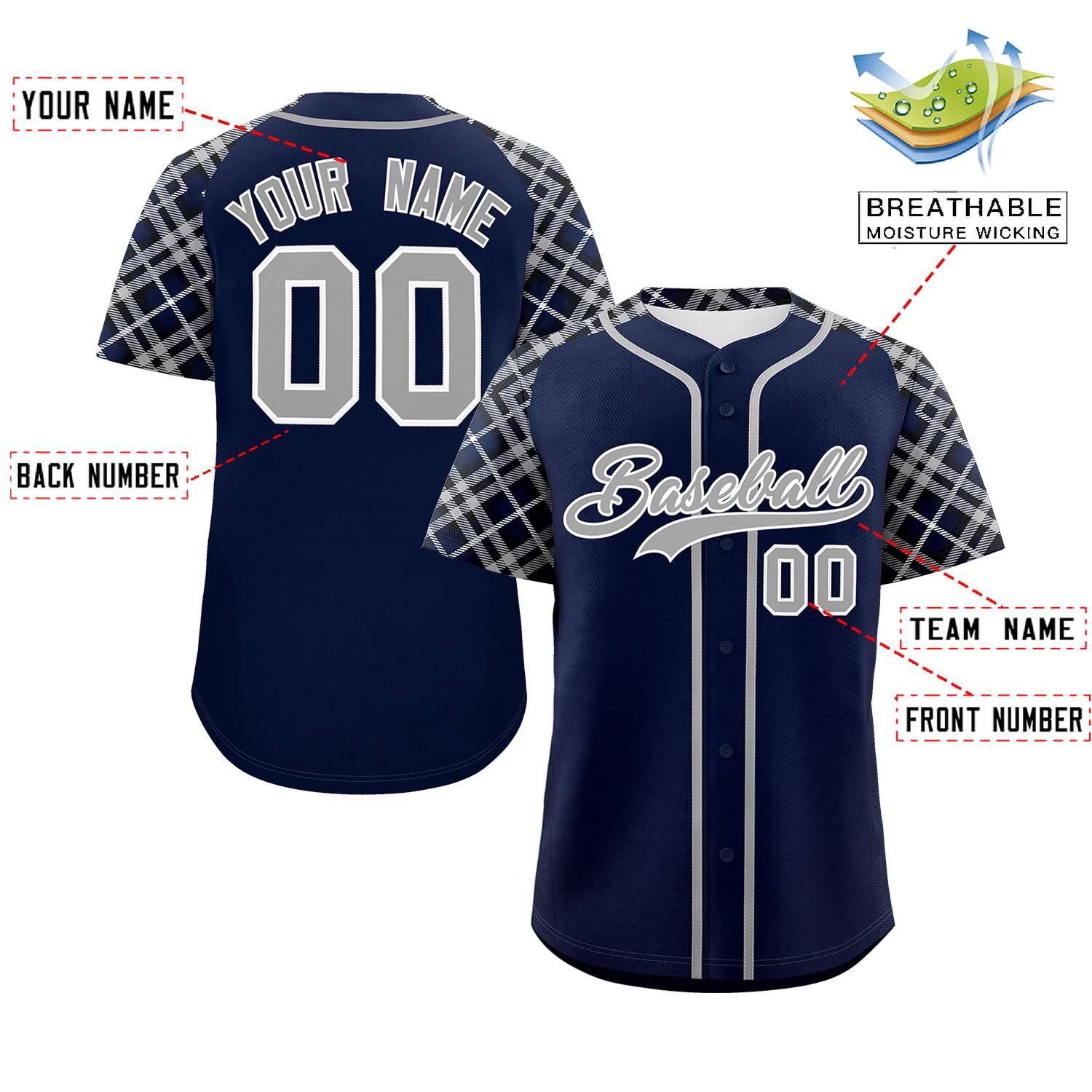 Custom Navy Gray-White Personalized Raglan Sleeves Authentic Baseball Jersey