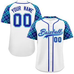 Custom White Royal-Sky Blue Personalized Raglan Sleeves Authentic Baseball Jersey