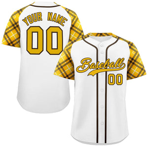 Custom White Gold-Brown Personalized Raglan Sleeves Authentic Baseball Jersey