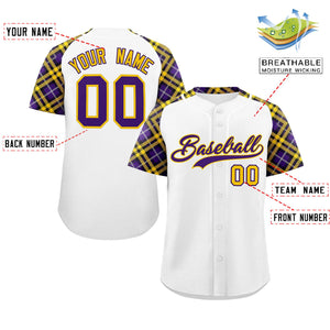 Custom White Purple-Gold Personalized Raglan Sleeves Authentic Baseball Jersey