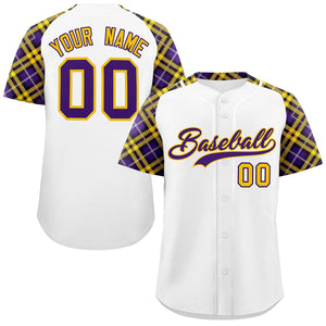 Custom White Purple-Gold Personalized Raglan Sleeves Authentic Baseball Jersey