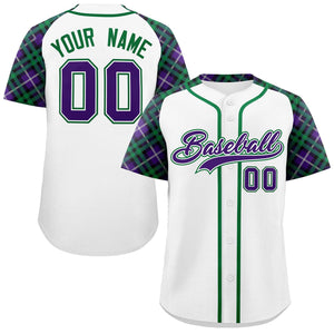 Custom White Purple-Kelly Green Personalized Raglan Sleeves Authentic Baseball Jersey