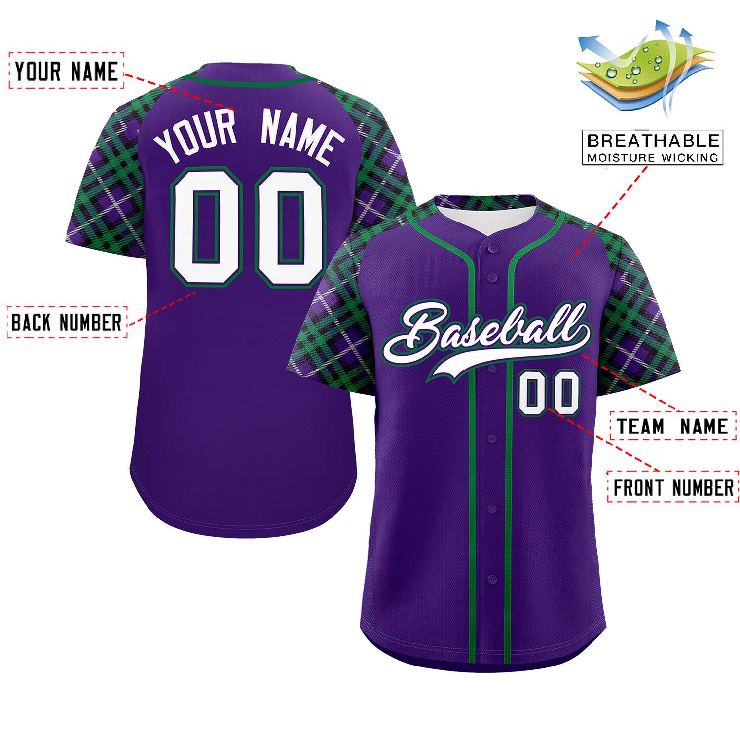 Custom Purple White-Kelly Green Personalized Raglan Sleeves Authentic Baseball Jersey