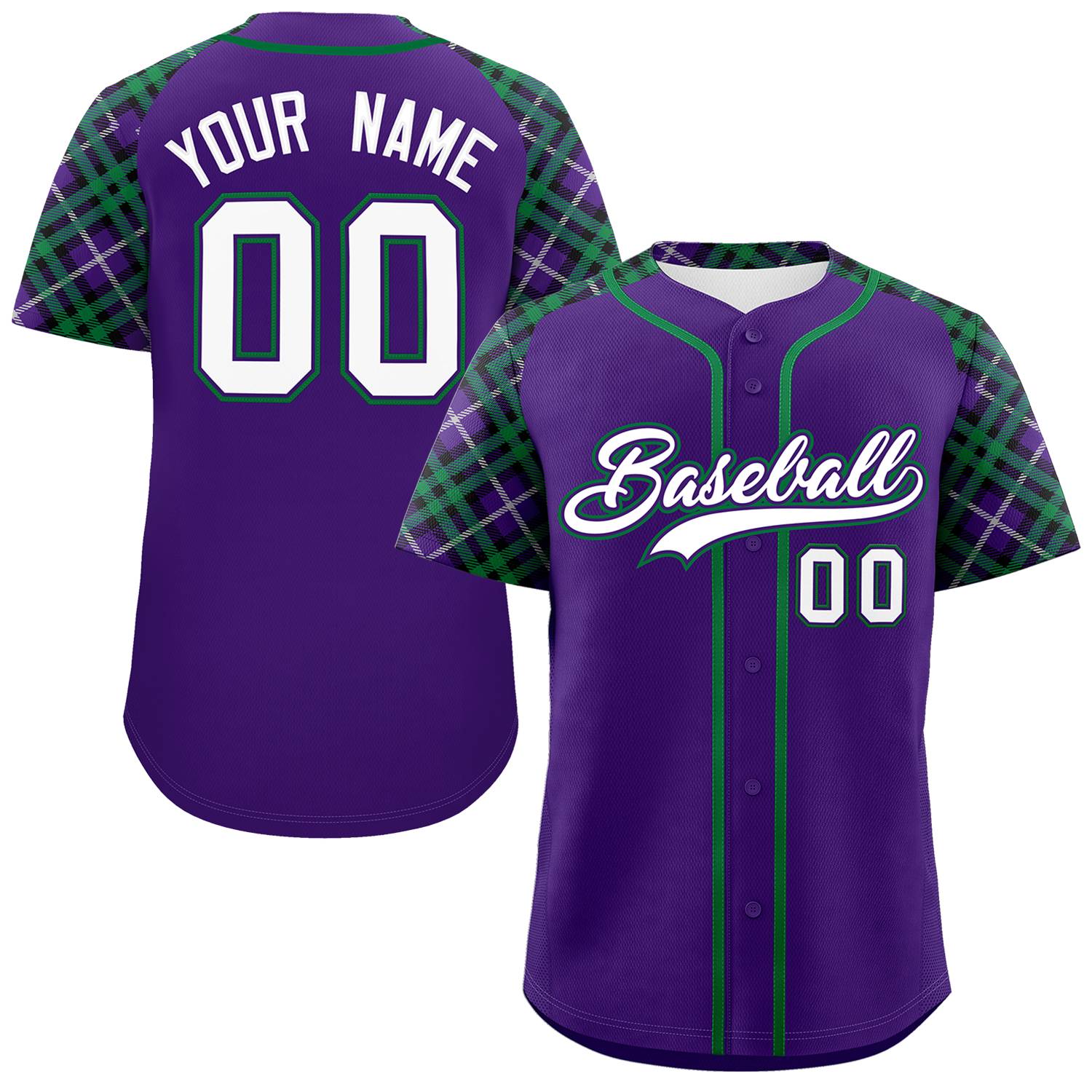 Custom Purple White-Kelly Green Personalized Raglan Sleeves Authentic Baseball Jersey