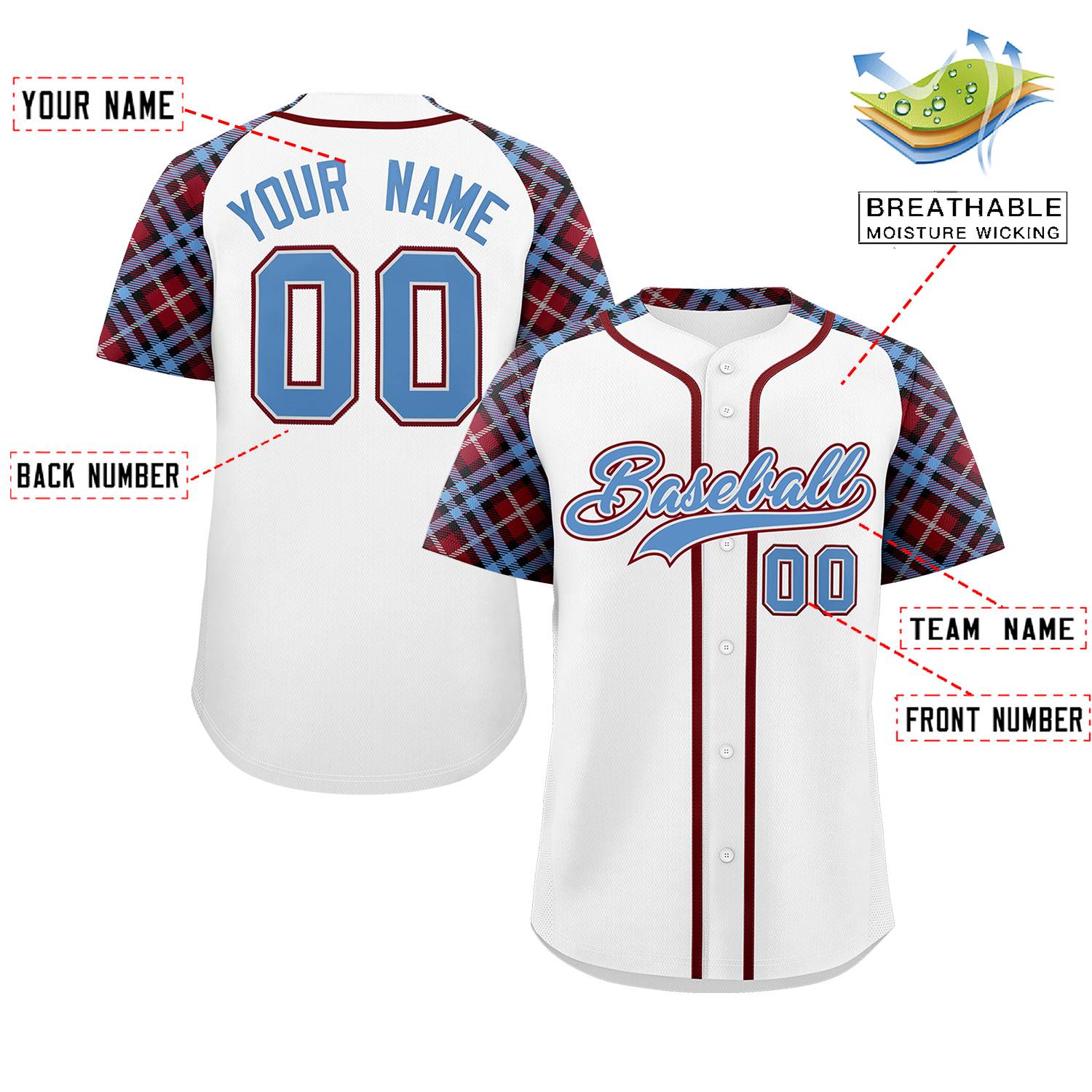 Custom White Light Blue-Crimson Personalized Raglan Sleeves Authentic Baseball Jersey