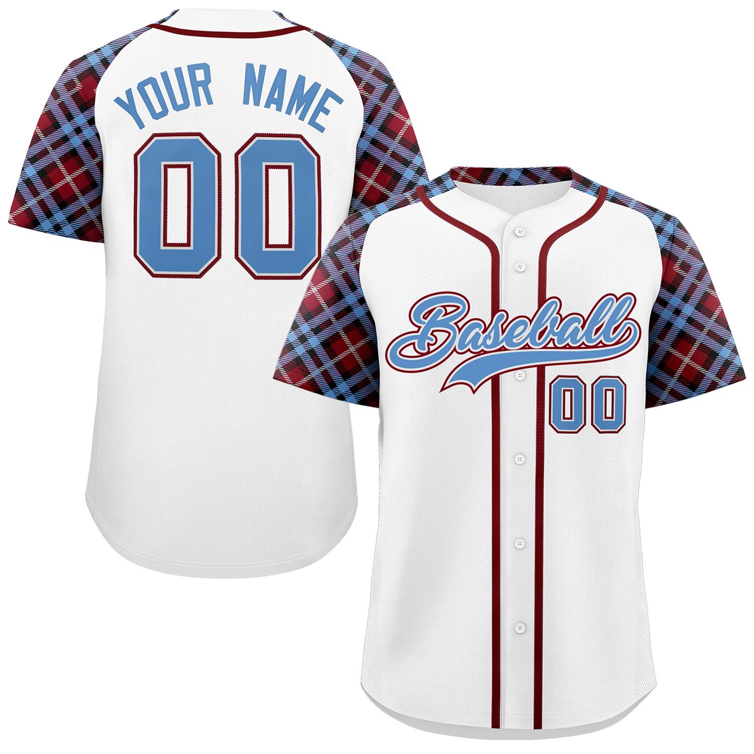 Custom White Light Blue-Crimson Personalized Raglan Sleeves Authentic Baseball Jersey