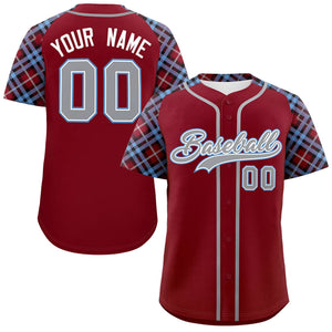 Custom Crimson Gray-Light Blue Personalized Raglan Sleeves Authentic Baseball Jersey