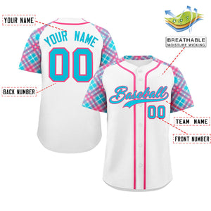 Custom White Powder Blue-Pink Personalized Raglan Sleeves Authentic Baseball Jersey