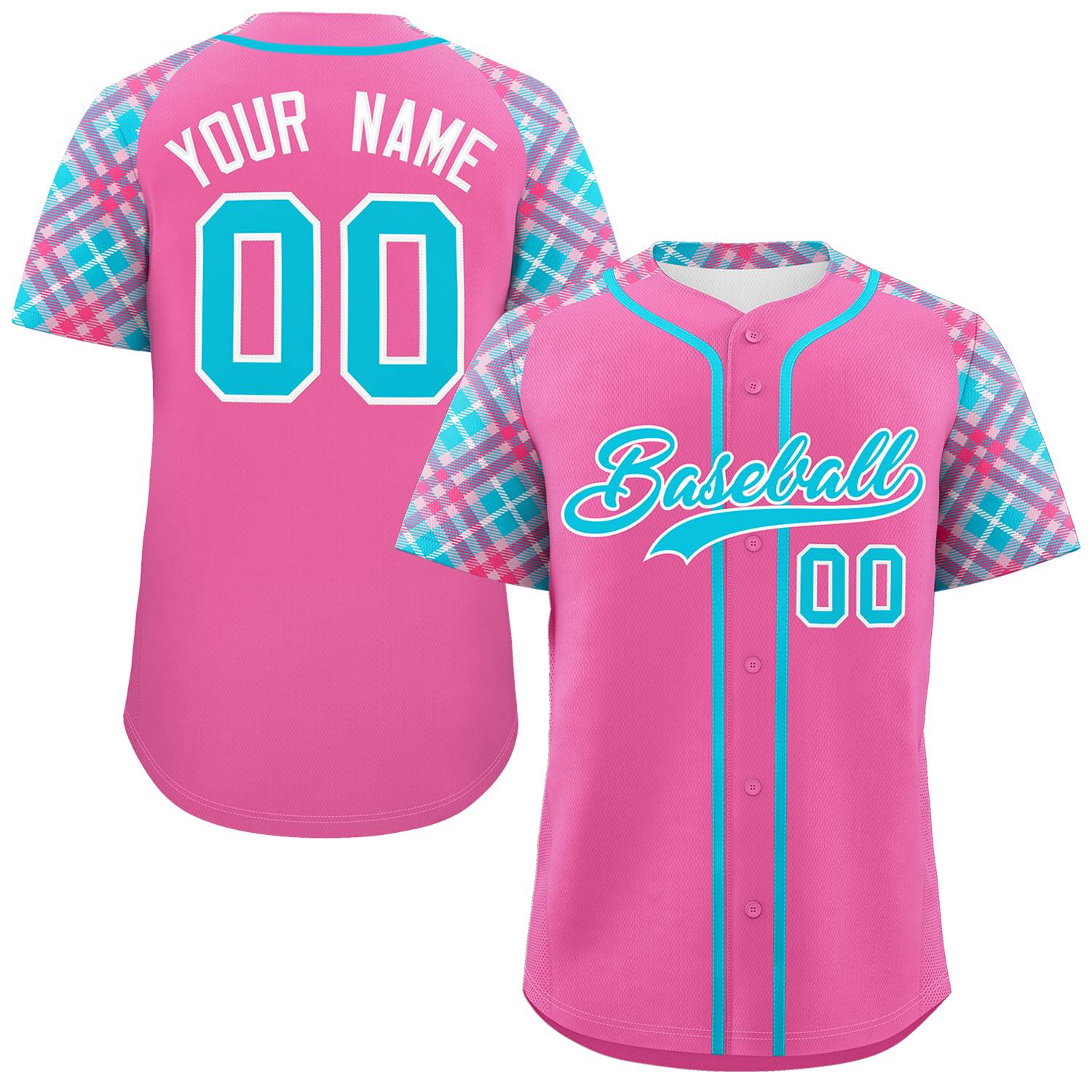 Custom Pink Sky Blue-White Personalized Raglan Sleeves Authentic Baseball Jersey