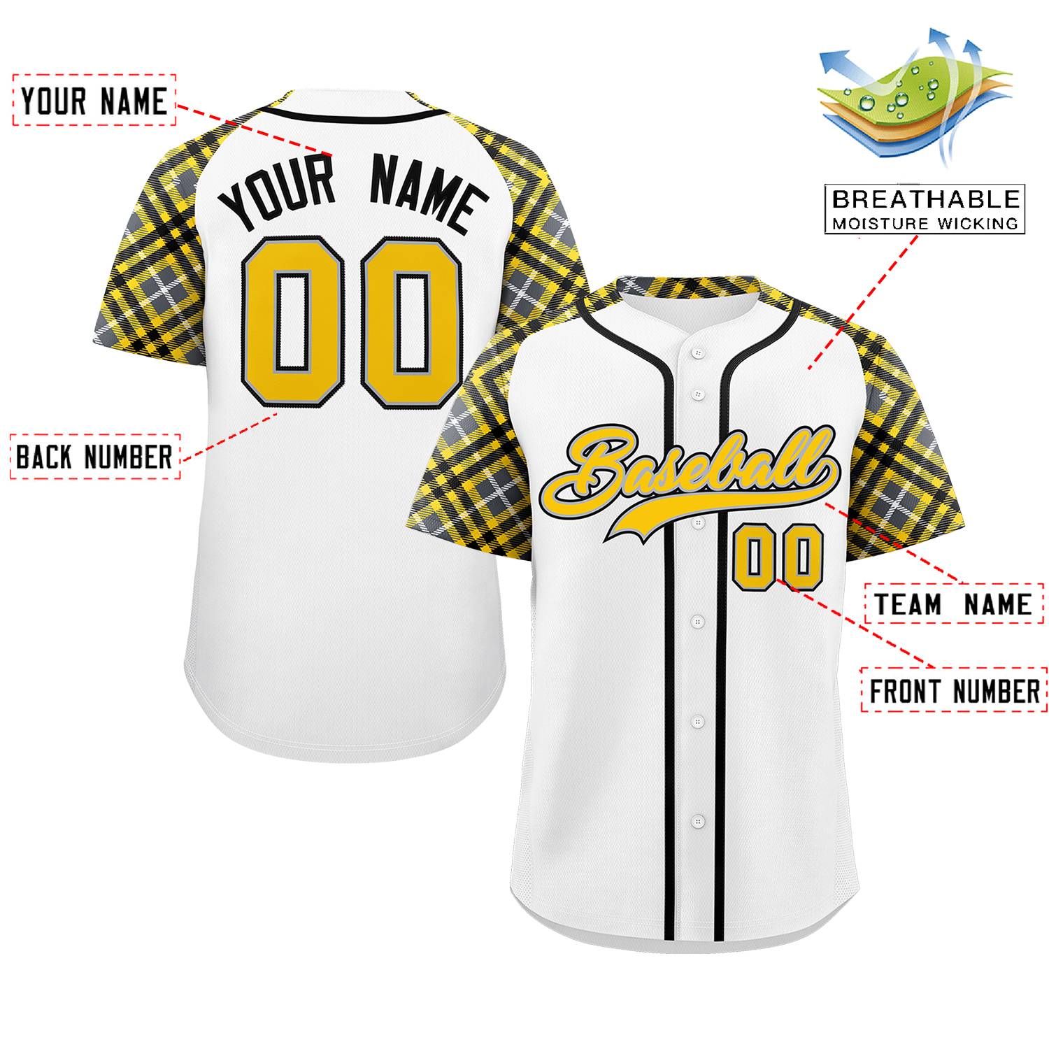 Custom White Gold-Black Personalized Raglan Sleeves Authentic Baseball Jersey