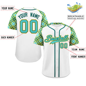 Custom White Bright Green-Gold Personalized Raglan Sleeves Authentic Baseball Jersey