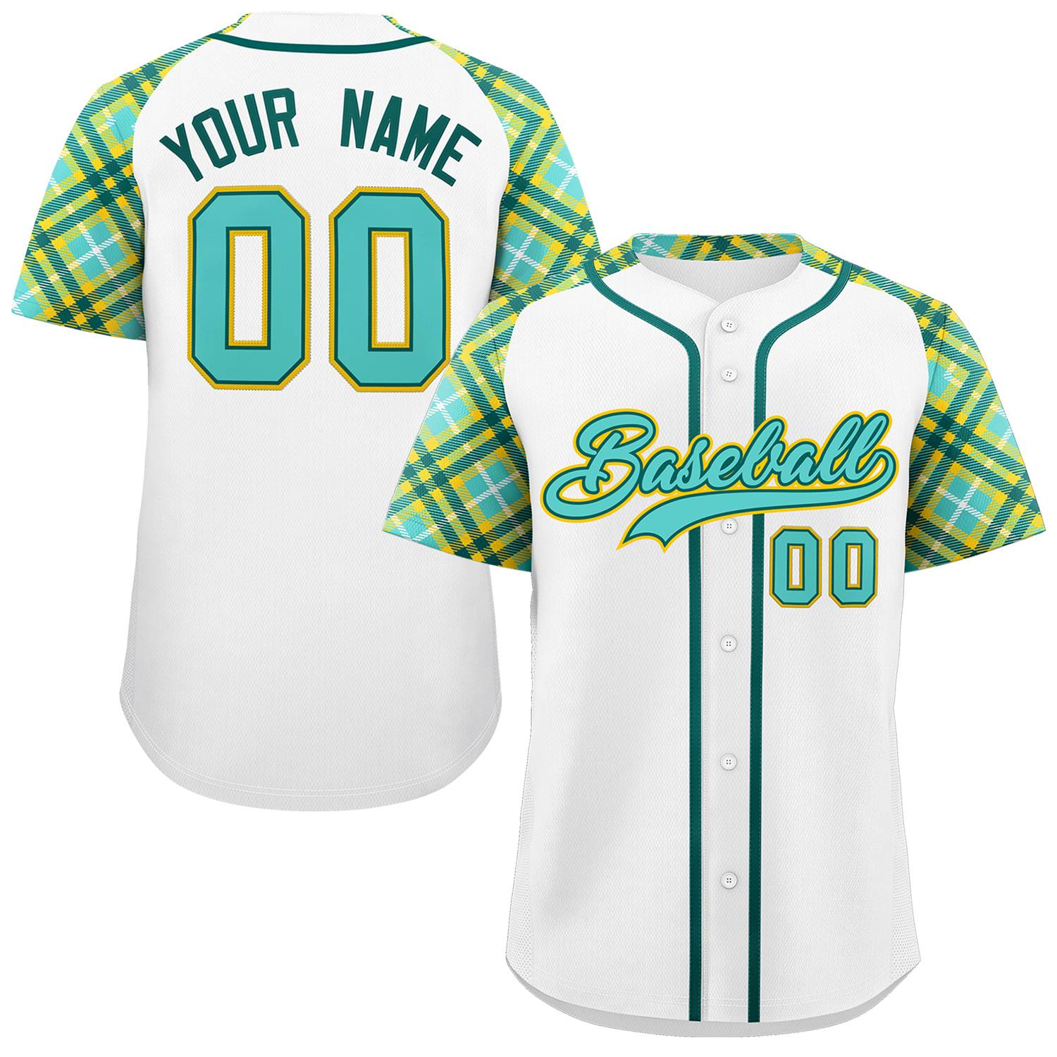 Custom White Bright Green-Gold Personalized Raglan Sleeves Authentic Baseball Jersey