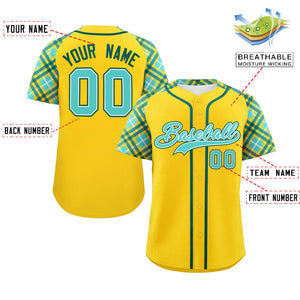 Custom Gold Bright Green-Midnight Green Personalized Raglan Sleeves Authentic Baseball Jersey