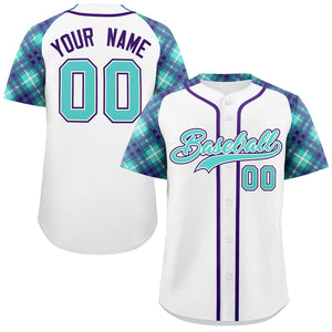 Custom White Bright Green-Purple Personalized Raglan Sleeves Authentic Baseball Jersey