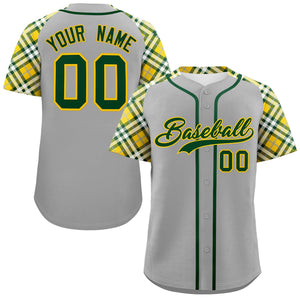 Custom Gray Green-Gold Personalized Raglan Sleeves Authentic Baseball Jersey