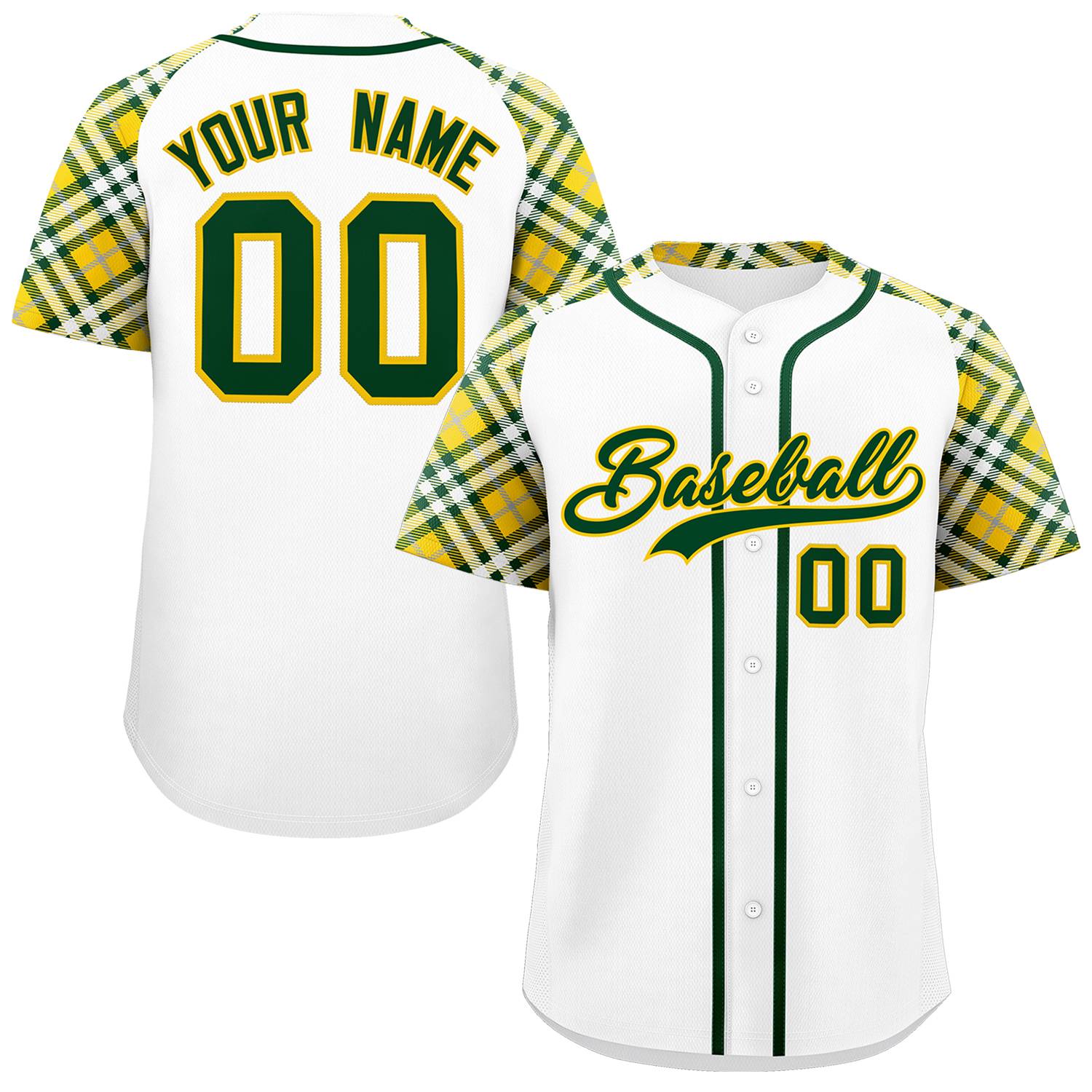 Custom White Green-Gold Personalized Raglan Sleeves Authentic Baseball Jersey